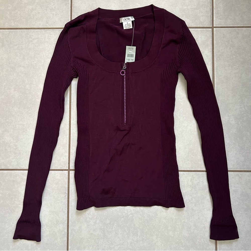 Cache Purple Rhinestone Zipper Rib Knit Long Sleeve Top Stretch S Cotton Spandex